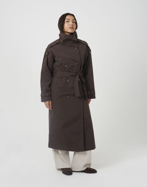 Brave Soul Oversized collar maxi double breasted mac in chocolate, 3 of 4