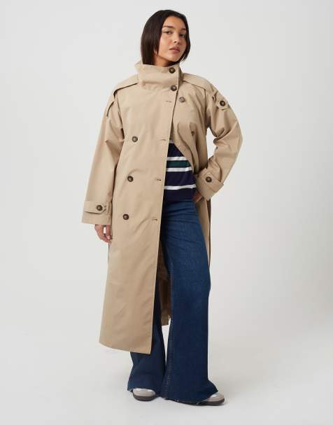 Brave Soul Oversized collar maxi double breasted mac in stone - view 1