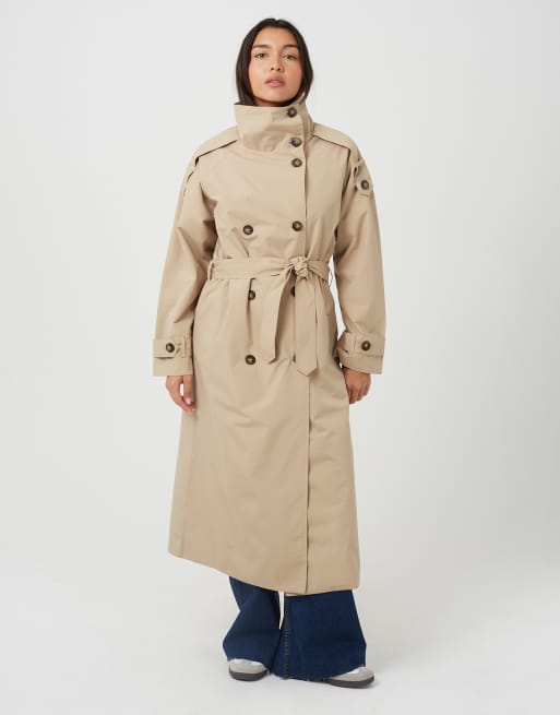 Brave Soul Oversized collar maxi double breasted mac in stone, 2 of 4