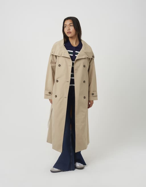 Brave Soul Oversized collar maxi double breasted mac in stone, 3 of 4