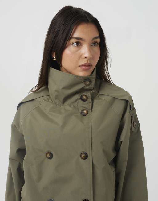 Brave Soul Oversized collar short double breasted mac in khaki, 4 of 4