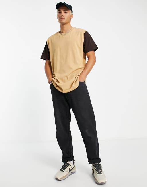 Brave Soul oversized color block t-shirt in light brown