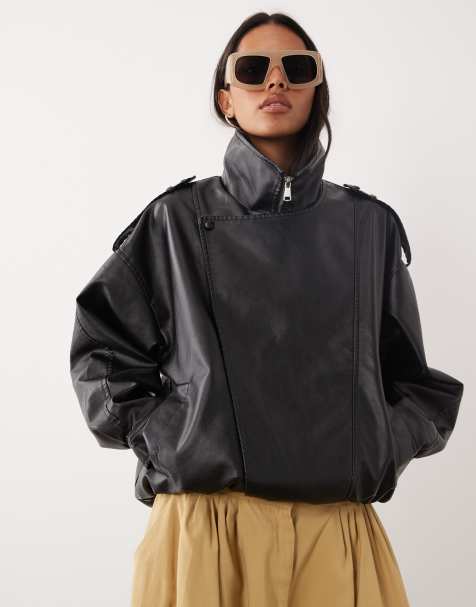 Brave Soul oversized faux leather bomber jacket in black - view 1