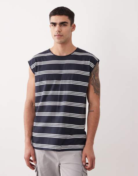 Brave Soul - Oversized gestreept tankhemd in marineblauw en wit - view 1