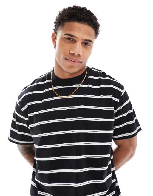 Brave Soul oversized high neck striped T-shirt in black & white