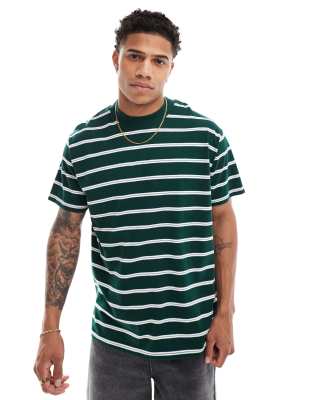 oversized high neck striped T-shirt in dark green & white