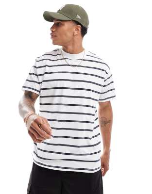 oversized high neck striped T-shirt in white & navy