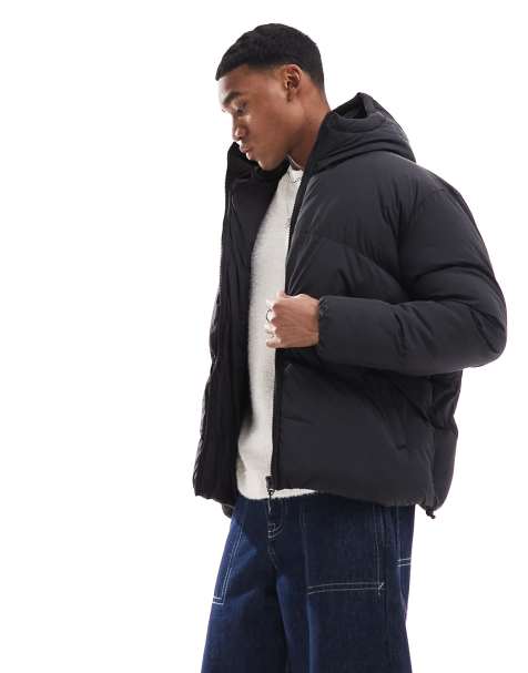 Brave Soul oversized hooded chevron quilted puffer jacket in black - view 1