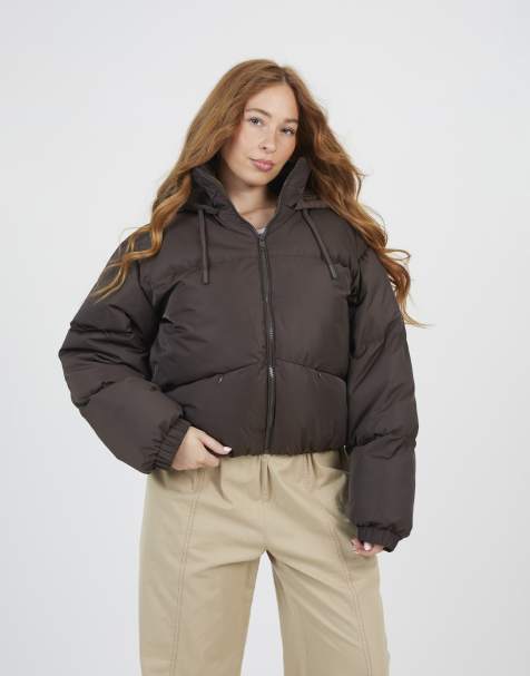 Brave Soul Oversized hooded short puffer jacket in chocolate - view 1