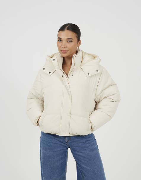 Brave Soul Oversized hooded short puffer jacket in cream