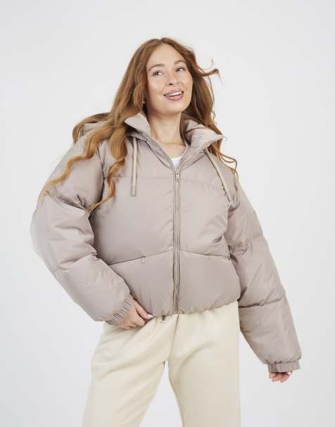 Brave Soul Oversized hooded short puffer jacket in stone - view 1