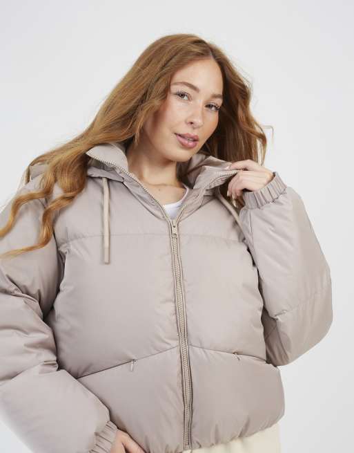 Brave Soul Oversized hooded short puffer jacket in stone ASOS