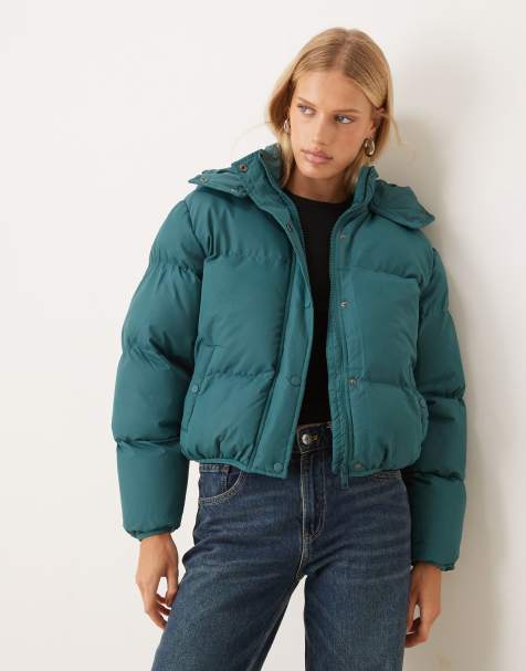 Brave Soul Oversized hooded short puffer jacket in teal