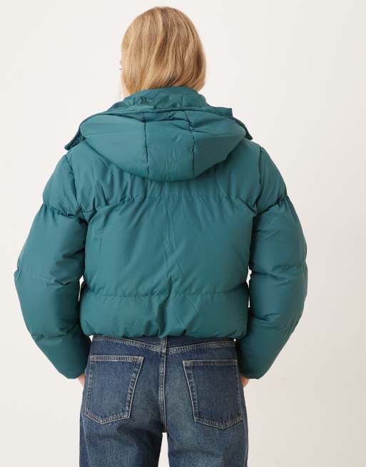 Brave Soul Oversized hooded short puffer jacket in teal, 3 of 4