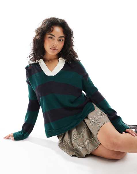 Brave Soul oversized knitted rugby top with contrast collar in green and navy stripe - view 1