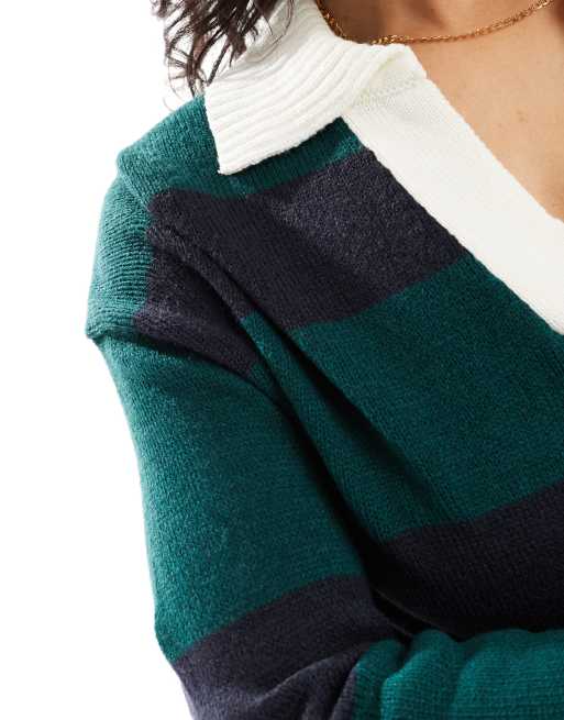 Brave Soul oversized knitted rugby top with contrast collar in green and navy stripe, 3 of 4