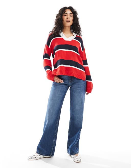 Brave Soul oversized knitted rugby top with contrast collar in red and navy stripe, 2 of 4