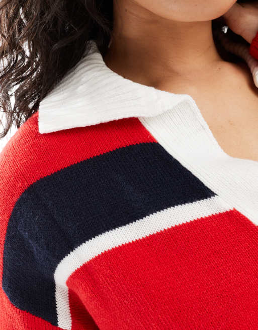 Brave Soul oversized knitted rugby top with contrast collar in red and navy stripe, 3 of 4