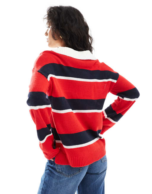 Brave Soul oversized knitted rugby top with contrast collar in red and navy stripe, 4 of 4