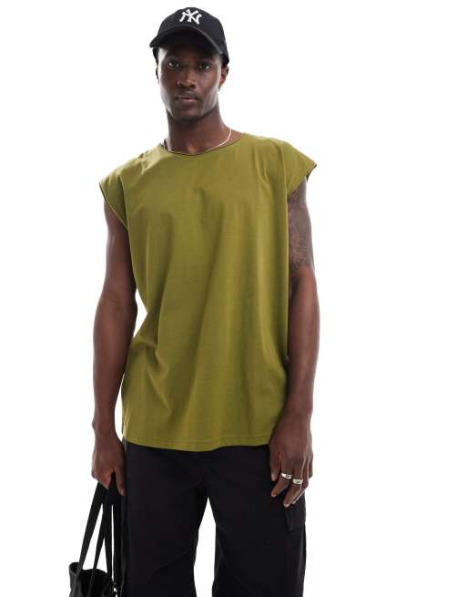 Brave Soul oversized raw edge singlet in sea kelp green
