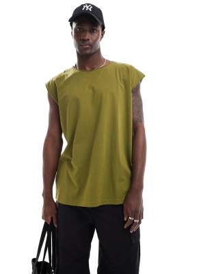 oversized raw edge tank top in sea kelp green