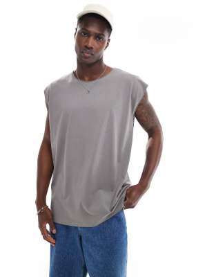 oversized raw edge tank top in steel gray