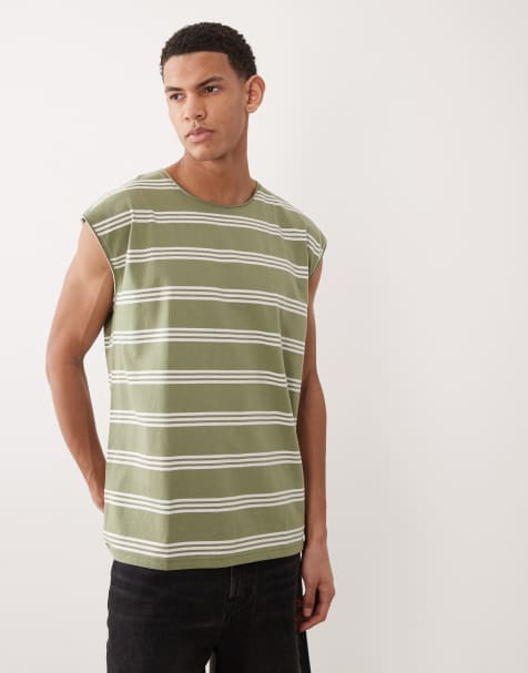 Brave Soul oversized tank vest in sage green & white stripe - view 1