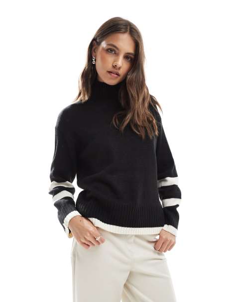 Brave Soul oversized turtle neck jumper with stripe detail in black - view 1