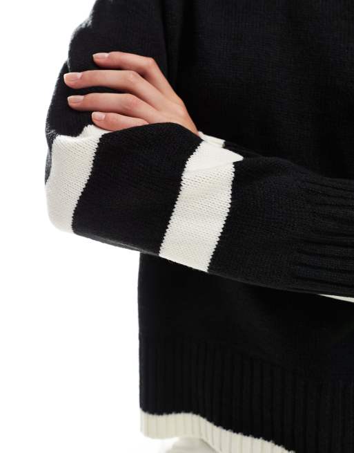 Brave Soul oversized turtle neck jumper with stripe detail in black, 2 of 4