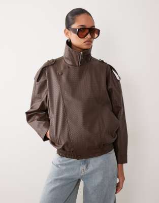 Brave Soul Oversized Woven Faux Leather Jacket In Brown