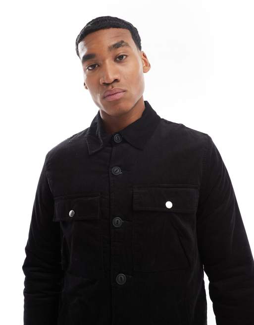 Brave Soul padded button up cord jacket in black, 4 of 4