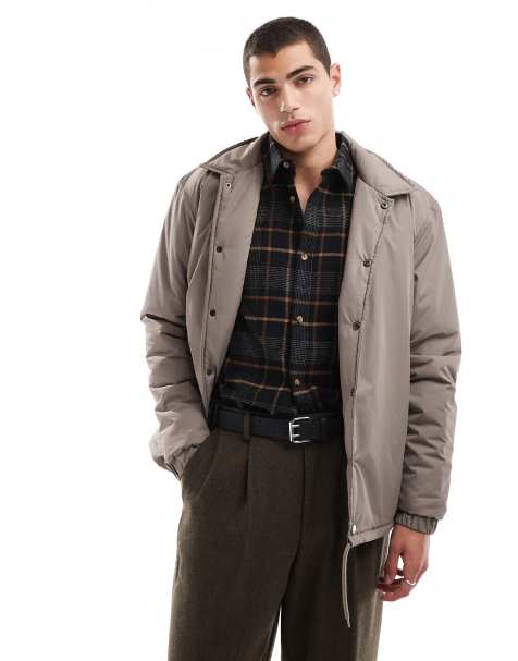 Brave Soul padded coach jacket in taupe with popper studs and drawcord hem - view 1