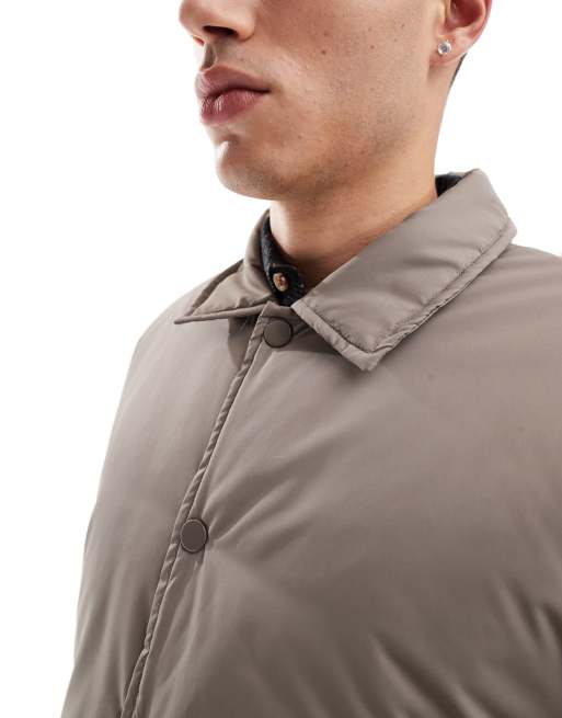Brave Soul padded coach jacket in taupe with popper studs and drawcord hem, 3 of 4