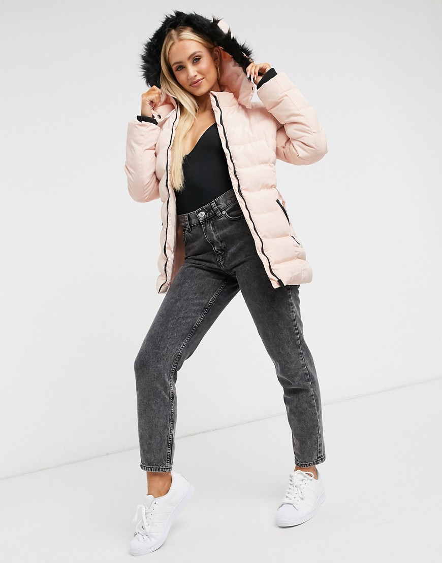 Brave Soul padded jacket with belt in pink