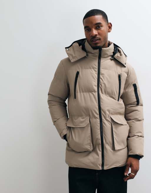 Brave Soul padded jacket with detachable hood in taupe, 3 of 5