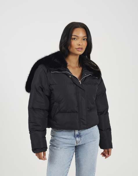 Brave Soul Padded jacket with faux fur hood in black
