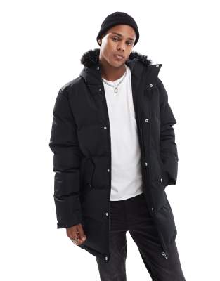 padded parka jacket with faux fur hood in black