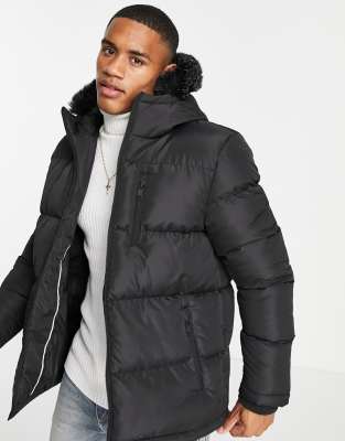 Brave Soul Padded Parka Jacket With Faux Fur Hood In Black