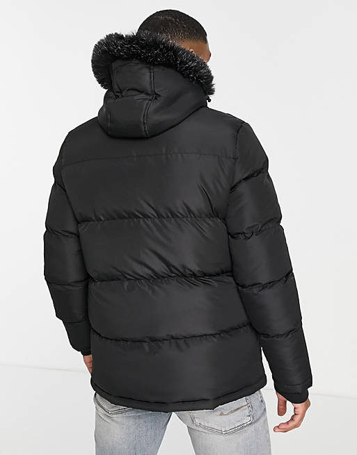 Mens Clothing Jackets Down and padded jackets Brave Soul Tall Padded Parka Jacket With Faux Fur Hood in Black for Men 