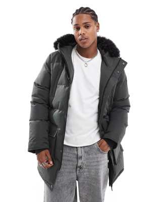 padded parka jacket with faux fur hood in charcoal gray