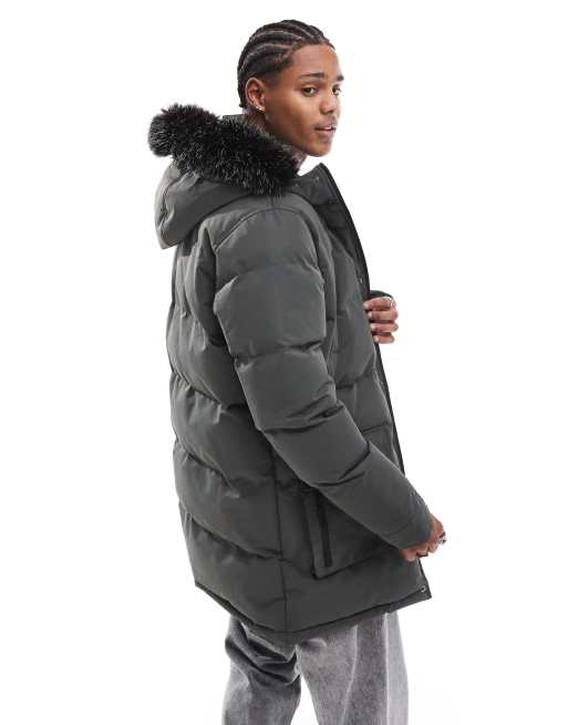 Brave Soul padded parka jacket with faux fur hood in charcoal grey ASOS