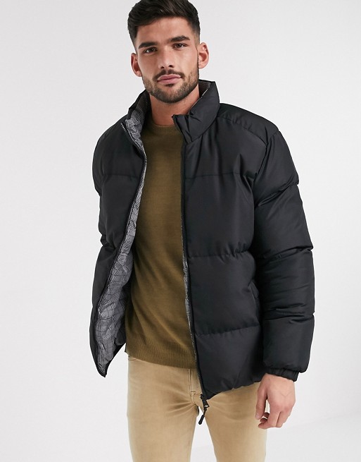 Brave Soul padded reversible jacket in black and prince of wales check