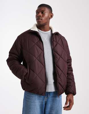 Brave Soul Padded Short Jacket With Borg Collar In Burgundy