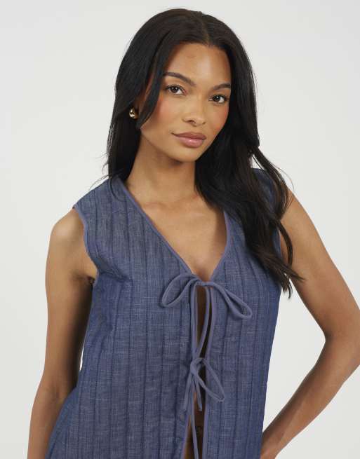 Brave Soul Padded vest with tie front in blue, 4 of 4