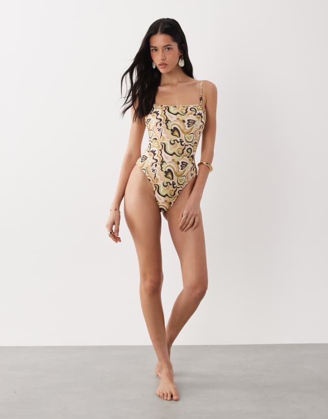 Brave Soul paisley print square neck one-piece swimsuit in green