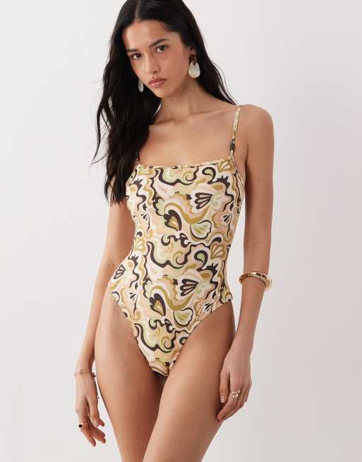 Brave Soul paisley print square neck one-piece swimsuit in green