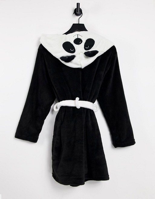 Brave Soul panda fleece dressin gown in black and white