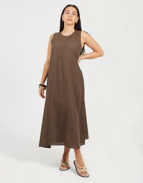Brave Soul Panelled sleeveless crew neck midi dress in brown - view 1