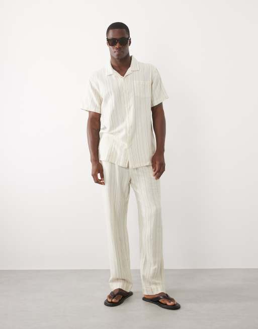 Brave Soul - Conjunto color crema a rayas marrones de camisa y pantalones de tejido texturizado, 3 de 3
