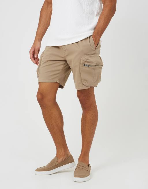 Brave Soul - Pantalones cortos color piedra con bolsillo cargo de sarga de algodón